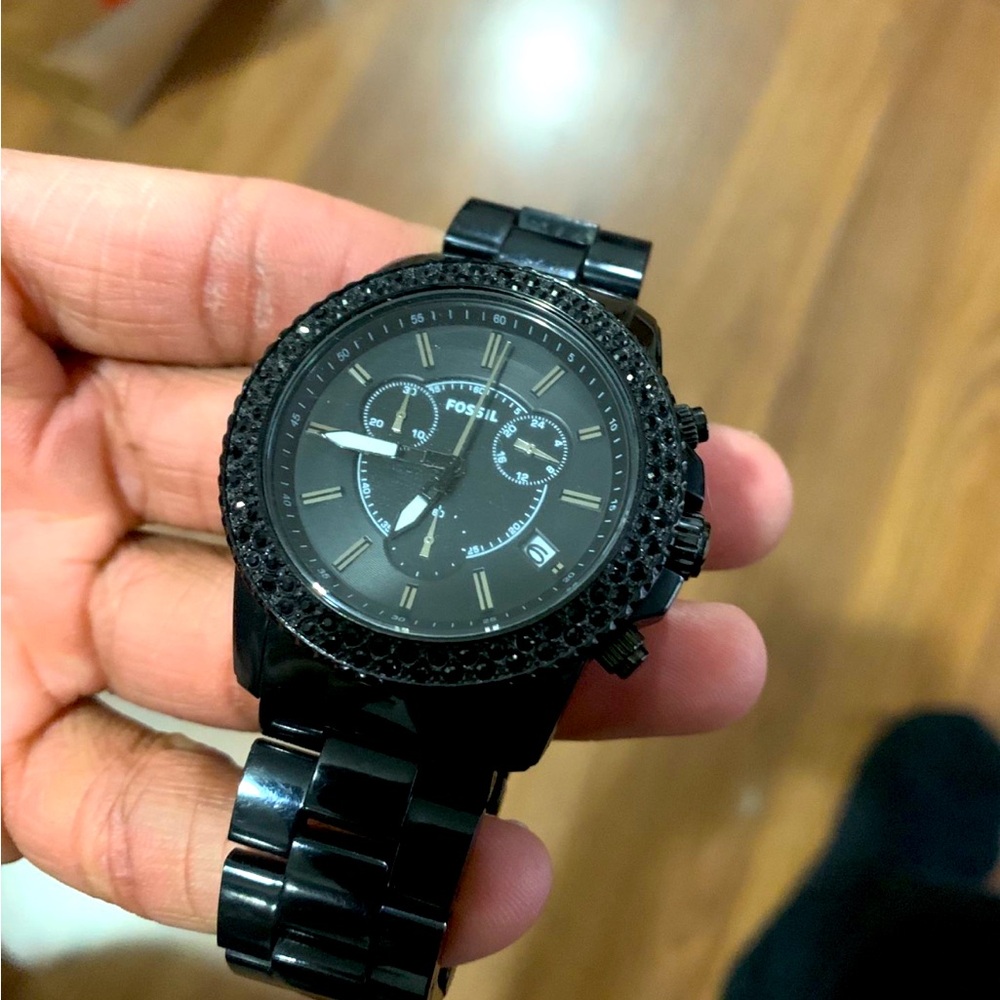 Black Fossil watch with black swarovski crystals.